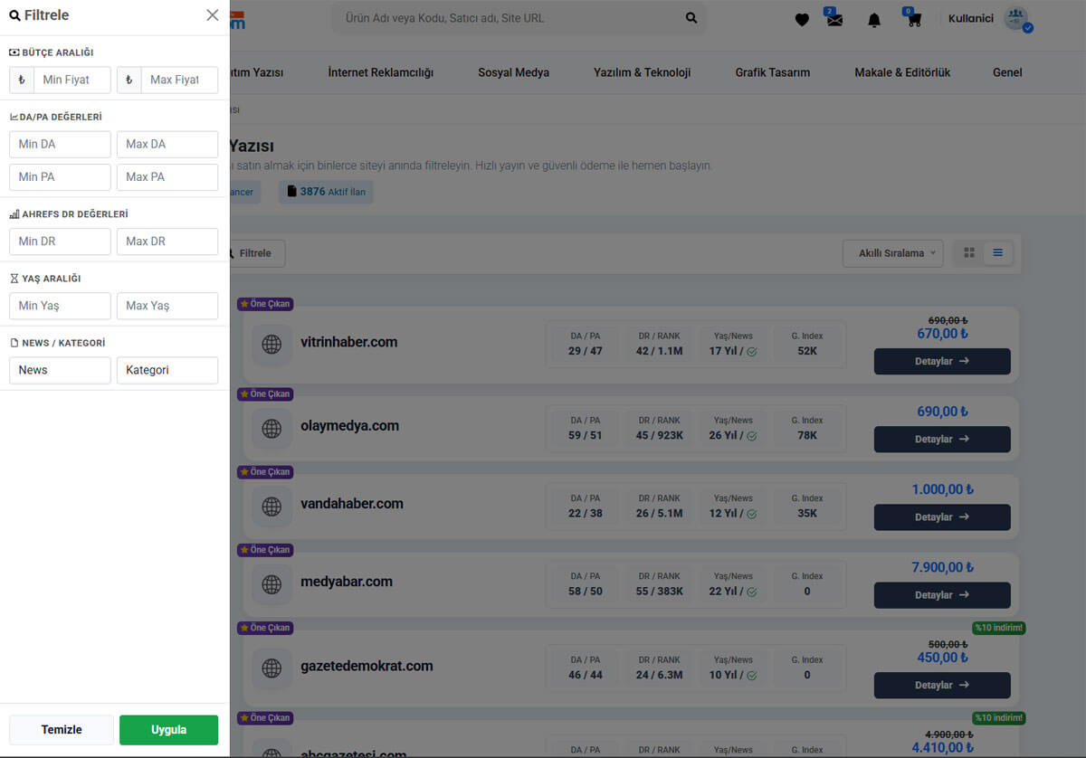 Tanıtım yazısı siteleri filtreleme seçeneği
