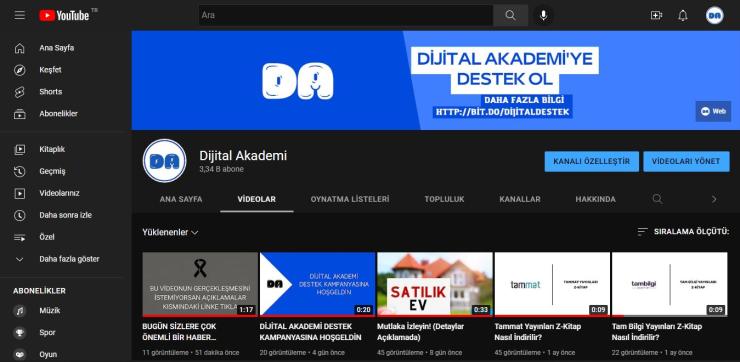 Dijital Akademi Youtube Kanalı 3350 Abone 