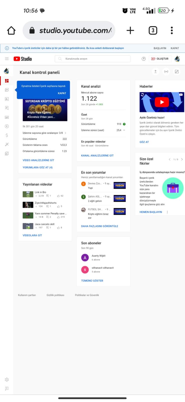 YouTube kanal 1K+123 takipçi 