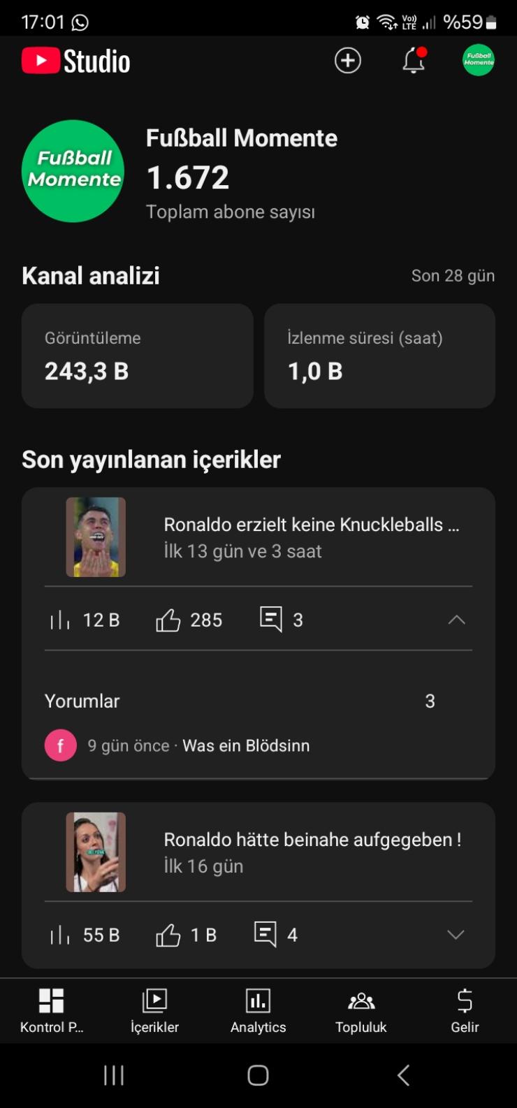 1600 abone 250k görüntülenme keşfete açık global kanal