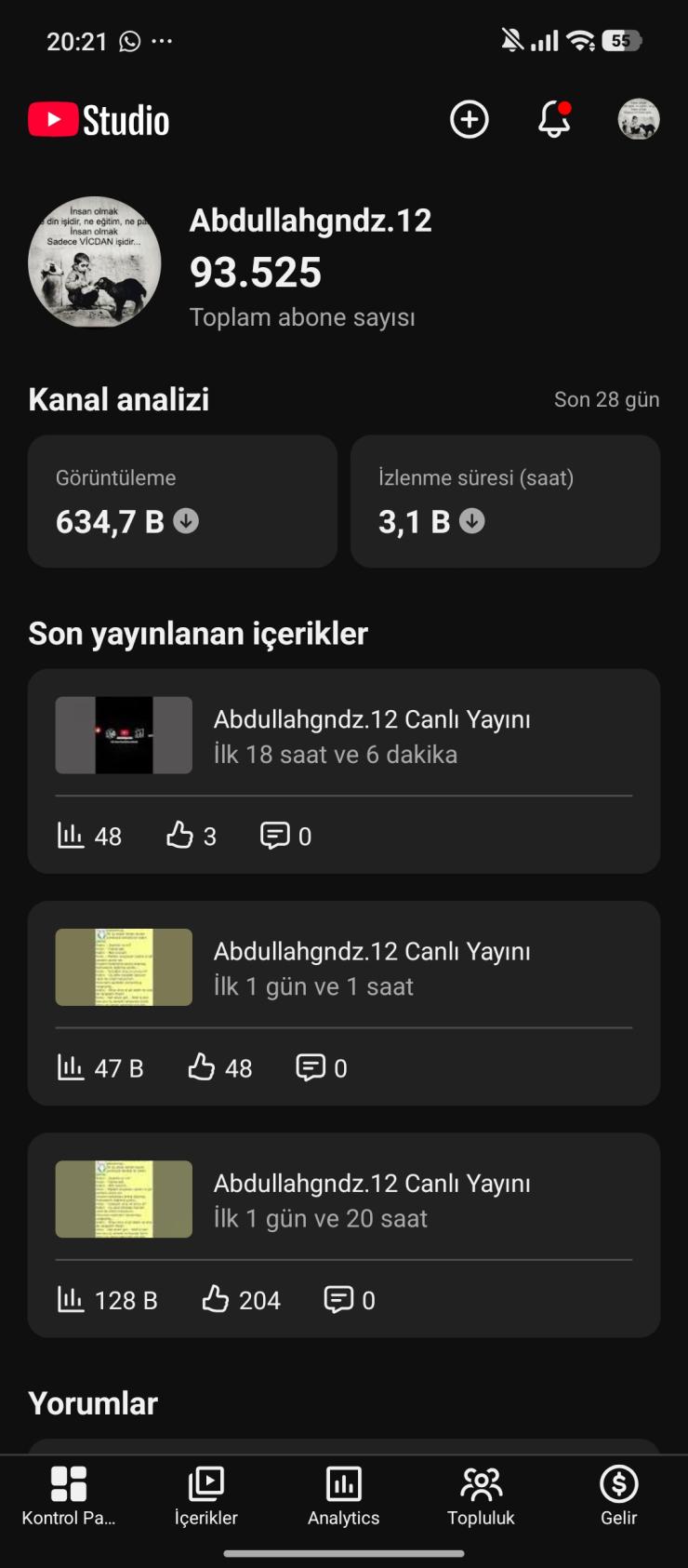 ⭐ 94K Aboneli Aktif Canlı Yayın kanalı Aktif 1K İzleyici 130K Görüntülenme