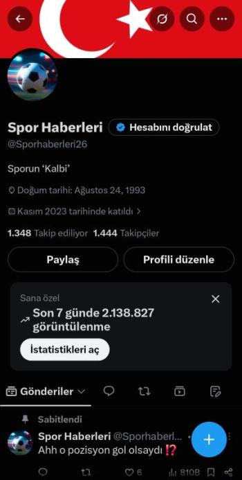 Spor sayfası, etkileşimi ve görüntülenmesi yüksek, ilk mailli hesap