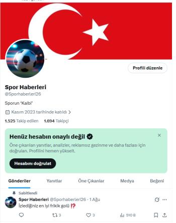 Spor sayfası, etkileşimi ve görüntülenmesi yüksek, ilk mailli hesap